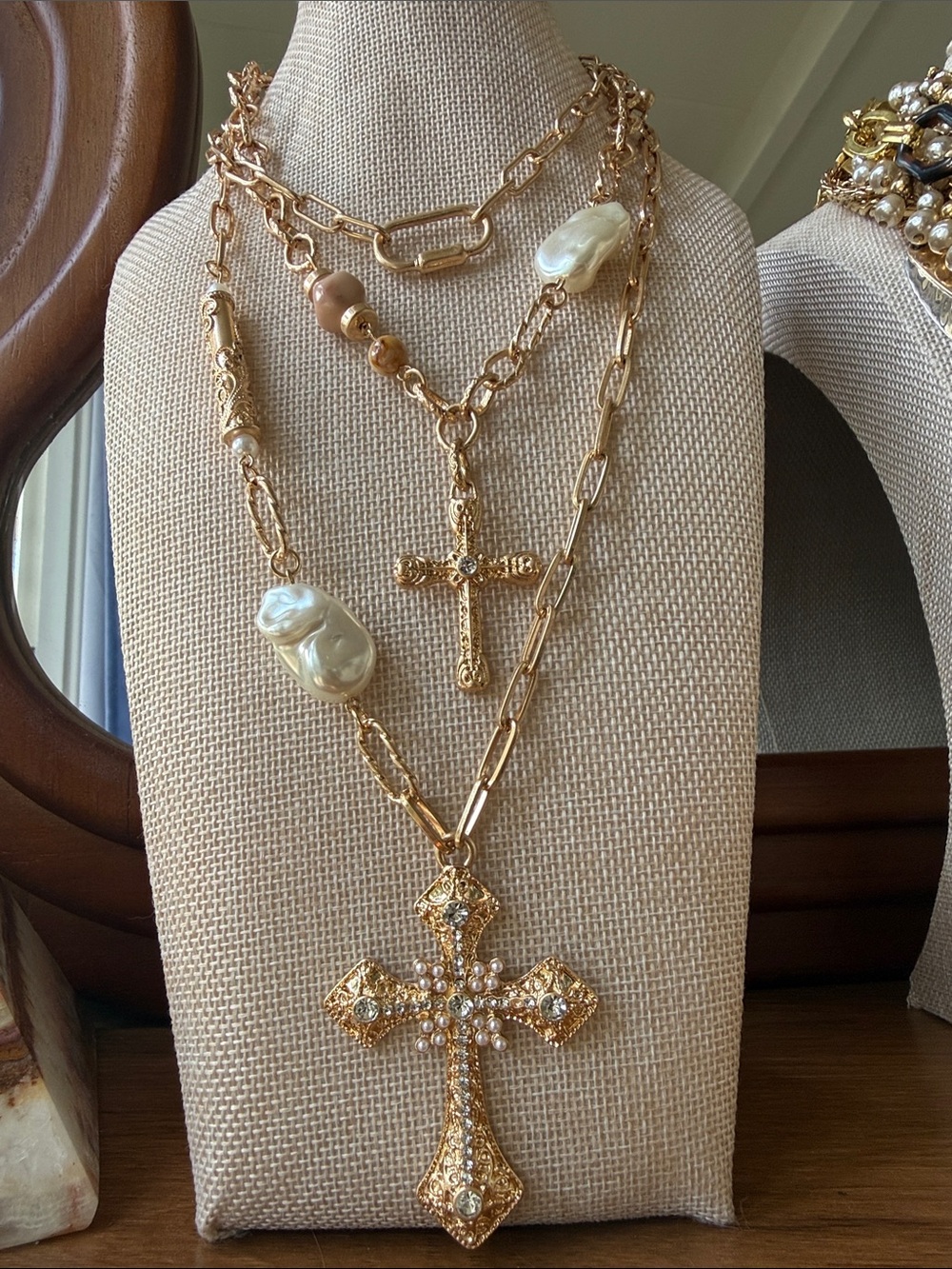 NEW Layered Gold-Tone Cross Pendant Necklace with Pearl & Rhinestones - 25”
